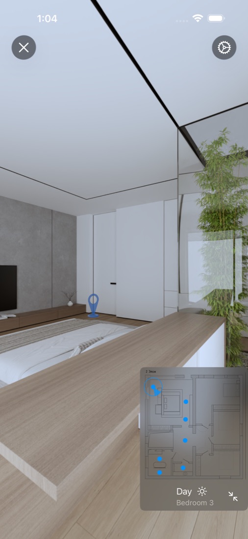 A 360° tour of a bedroom with a floor plan minimap