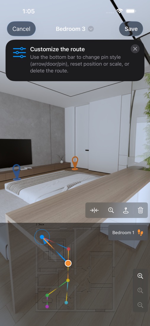Route editor with transition pins inside a panorama