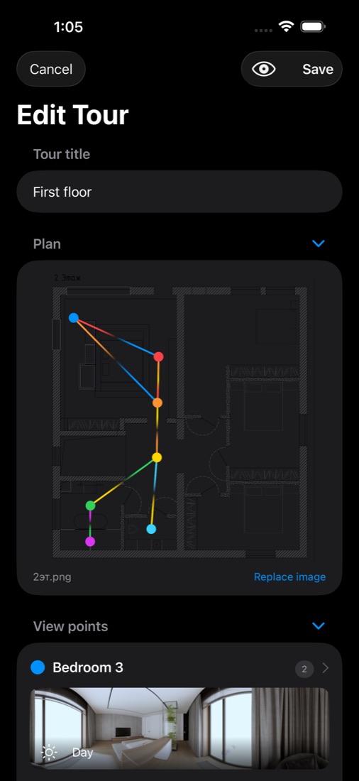 Tour editor with a floor plan and connected viewpoints